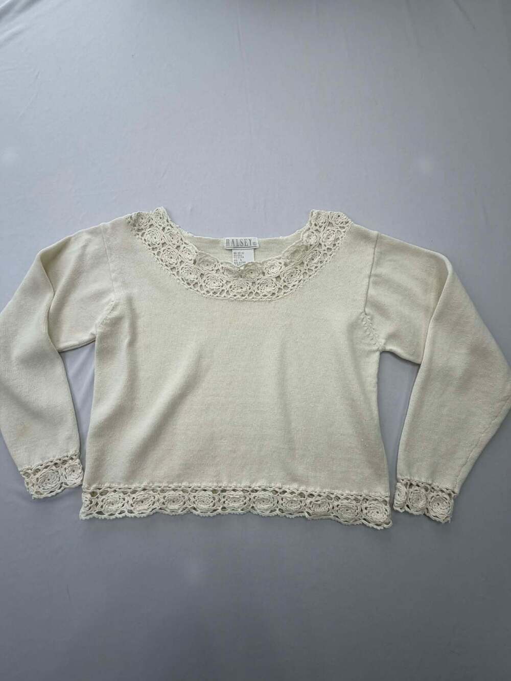 Vintage Ralsey Cream Ramie Cotton Knit Sweater with Crochet Floral Trim